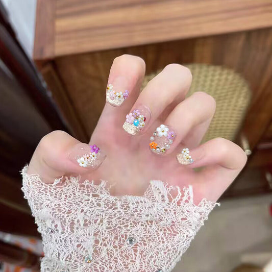 Whimsical Garden Inspired Medium Square Beige Nail Set with Colorful Floral Beads