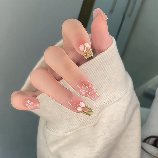 Blossom Elegance Long Coffin Pink with Floral Accent Press on Nail Set