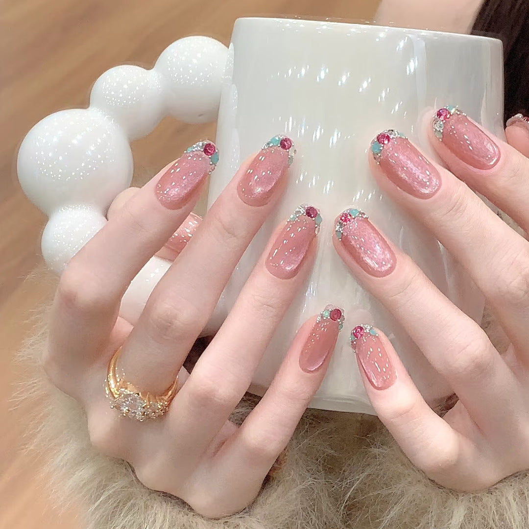Chic Elegance Long Square Light Pink with Sparkling Gem Accents Press-On Nail Set