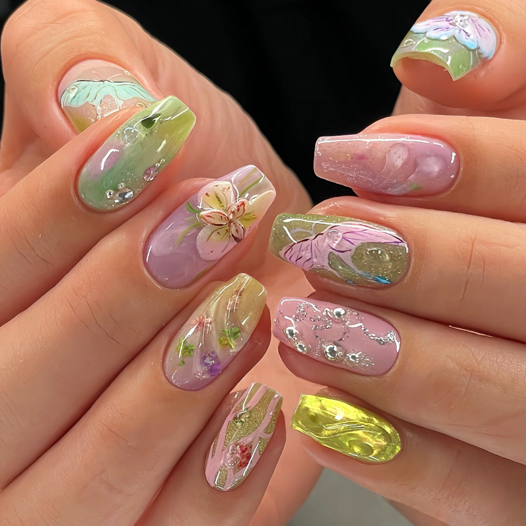 Whimsical Spring Garden Long Coffin Pastel Shades with Floral and Glitter Accents Press on Nail Set