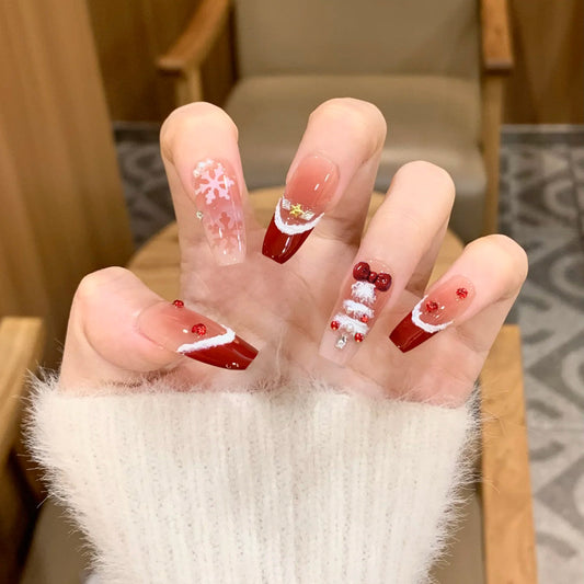 Festive Winter Wonderland Long Coffin Red and Clear with Christmas Themed Embellishments Press on Nail Set