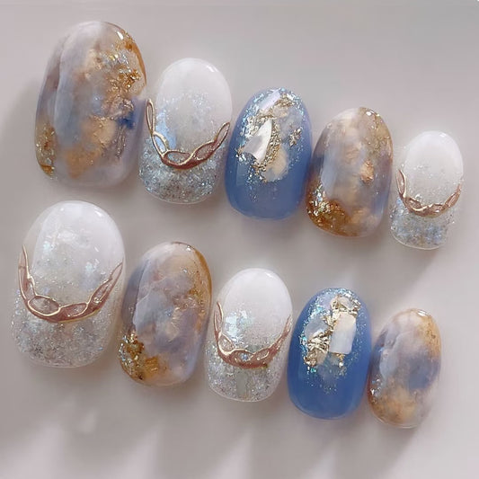 Celestial Dreams Irregular Blue and White Short Almond Shape Press-On Nail Set with Gold Foil Accents