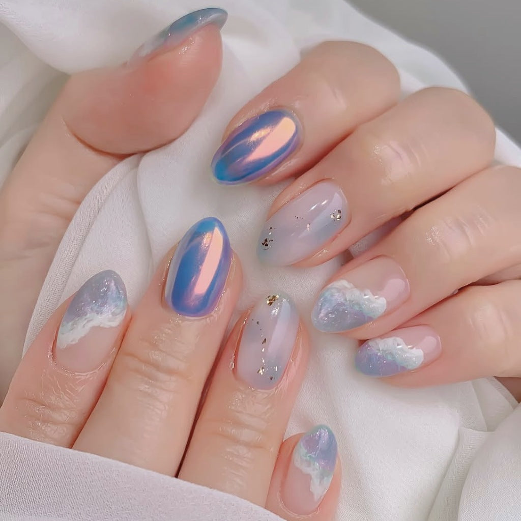 Dreamy Ocean Vibes Short Almond Blue Iridescent Nails with Cloud and Glitter Accents