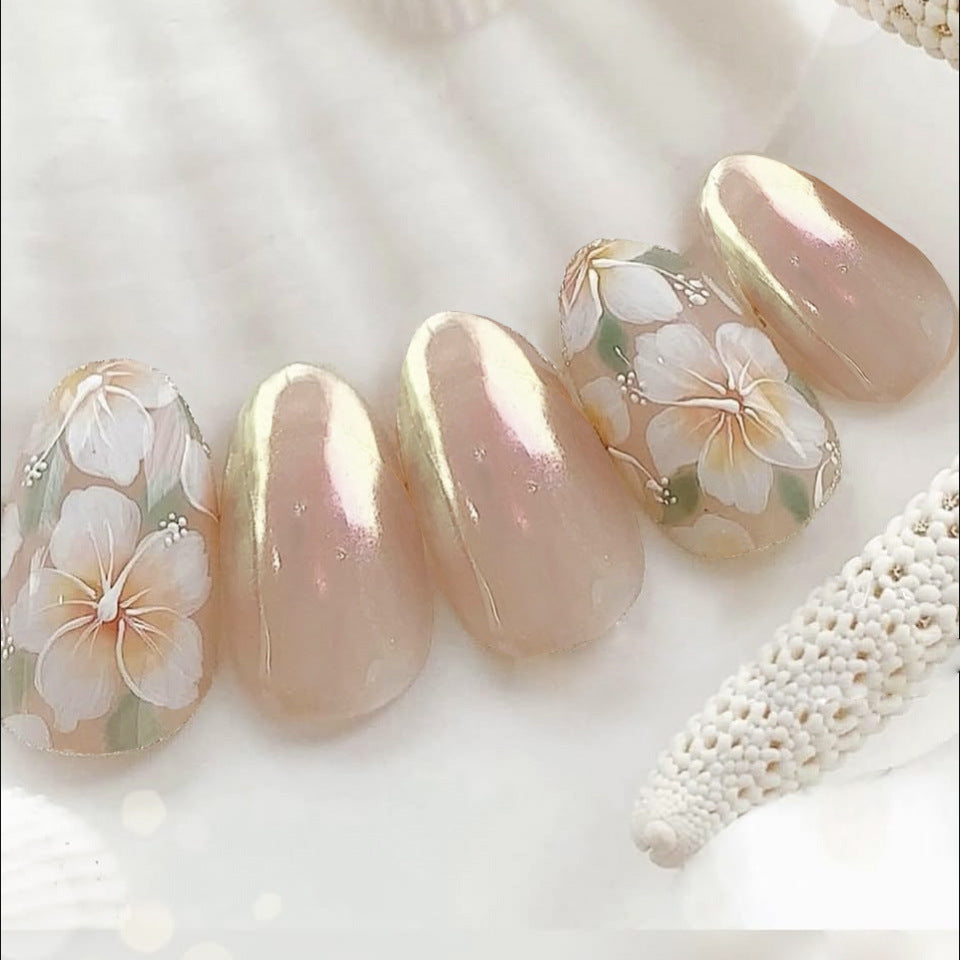 Tropical Elegance Short Almond Peach Floral Press On Nail Set with Iridescent Finish