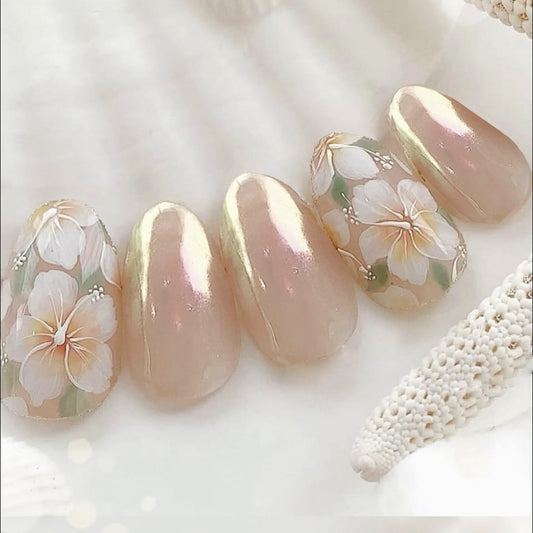 Tropical Elegance Short Almond Peach Floral Press On Nail Set with Iridescent Finish