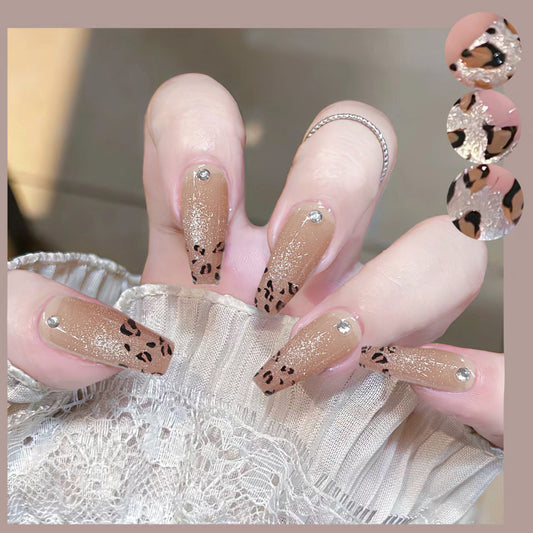 Wild Safari Elegance Long Coffin Beige with Sparkling Accents and Chic Animal Print Press on Nail Set