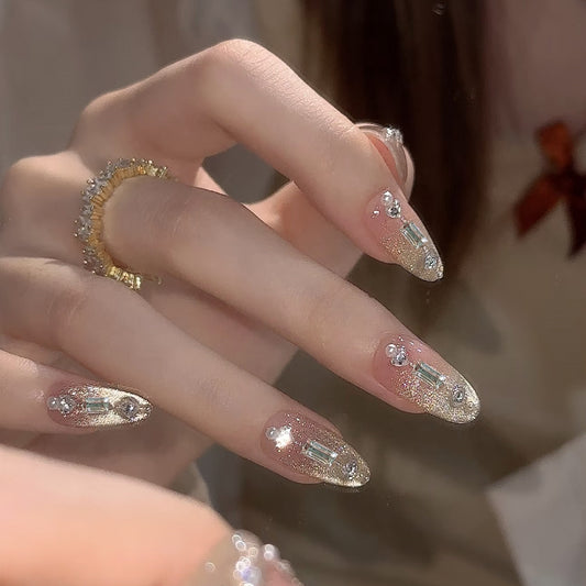 Glittering Enchantment Long Almond Shaped Beige with Sparkling Gem Accents Press on Nail Set