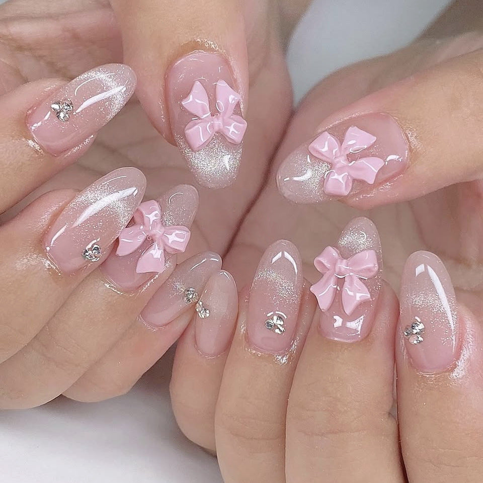 Charming Elegance Medium Almond Pink Ombre with Bowknot Accents Press-On Nail Set