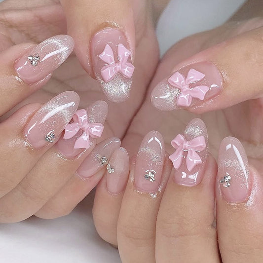 Charming Elegance Medium Almond Pink Ombre with Bowknot Accents Press-On Nail Set