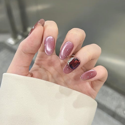 Glamorous Elegance Long Oval Blush Pink with Sparkling Gemstone Accent Press On Nail Set