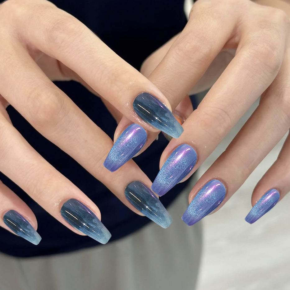 Celestial Charm Long Coffin Ombre Gradient Blue and Purple with Iridescent Shine Press on Nail Set