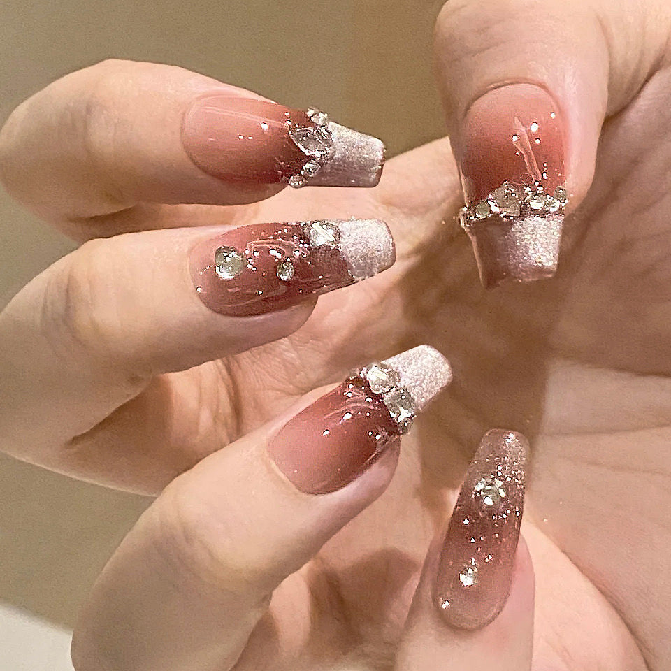 Glamorous Sparkle Long Coffin Blush Pink with Dazzling Rhinestones Press On Nail Set