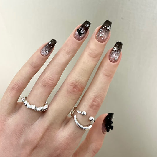 Glamorous Twilight Long Coffin Gradient Brown and Sparkling Accent Press On Nail Set