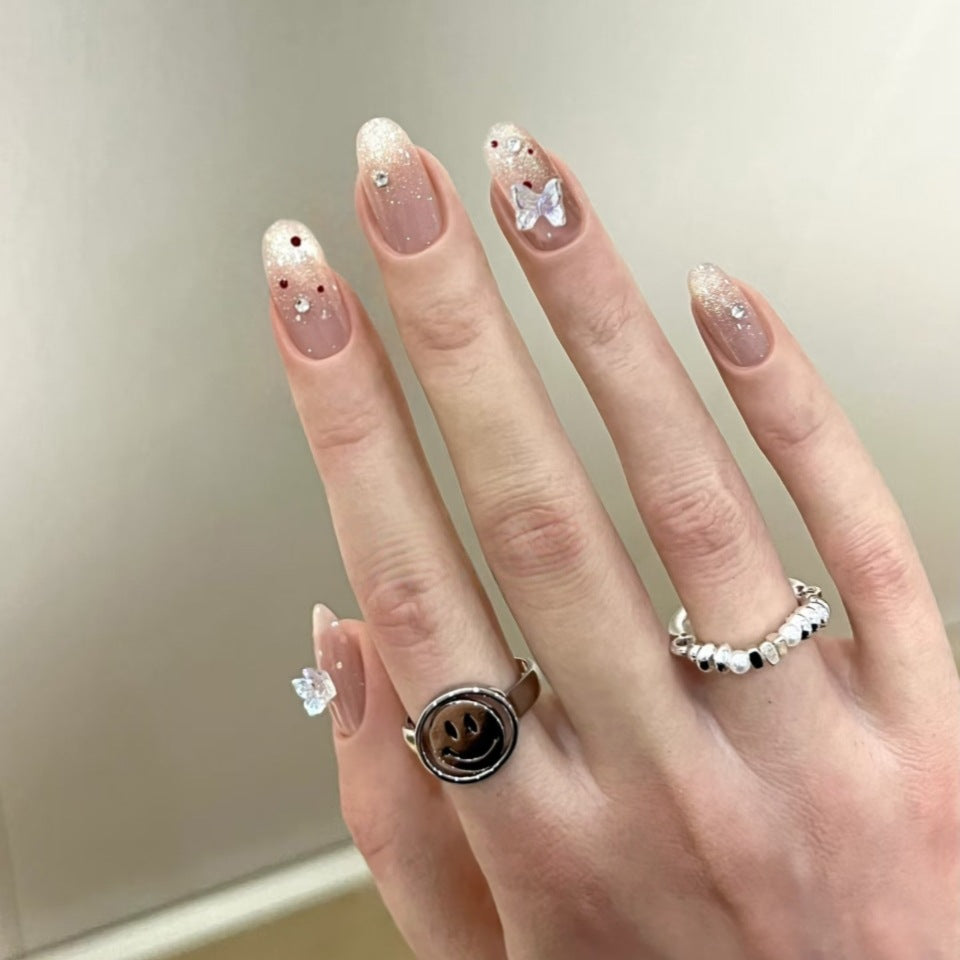 Dreamy Butterfly Bliss Long Oval Sparkling Beige with Dazzling Accents Press on Nail Set