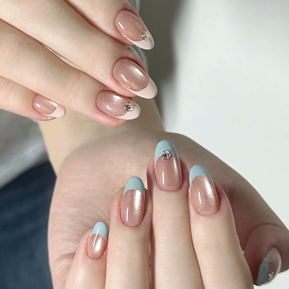 Chic Serenity Medium Oval Shape Light Pink and Blue Press-On Nail Set with Glitter Accent