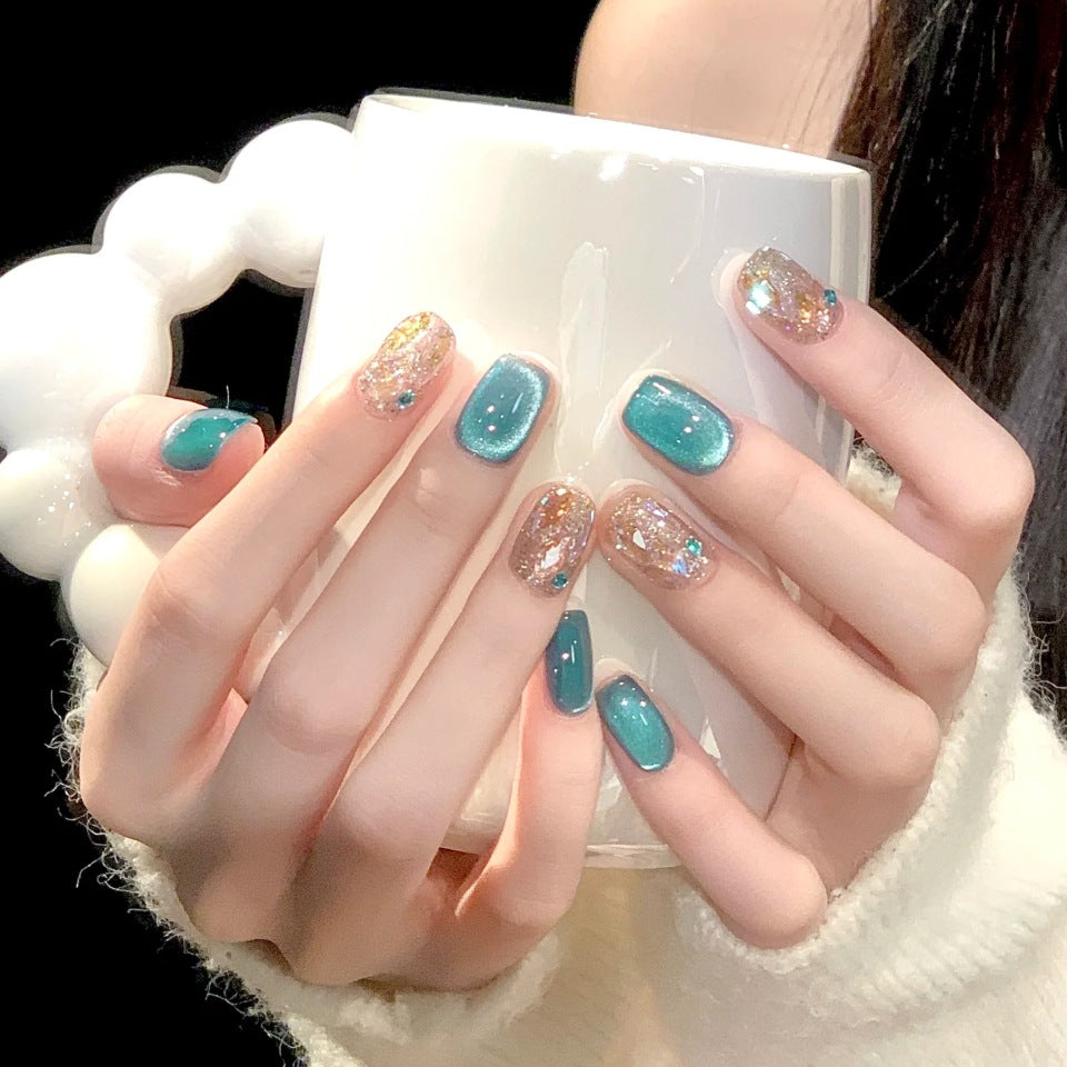 Enchanted Ocean Vibes Medium Square Teal and Sparkling Gold Glitter Press on Nail Set