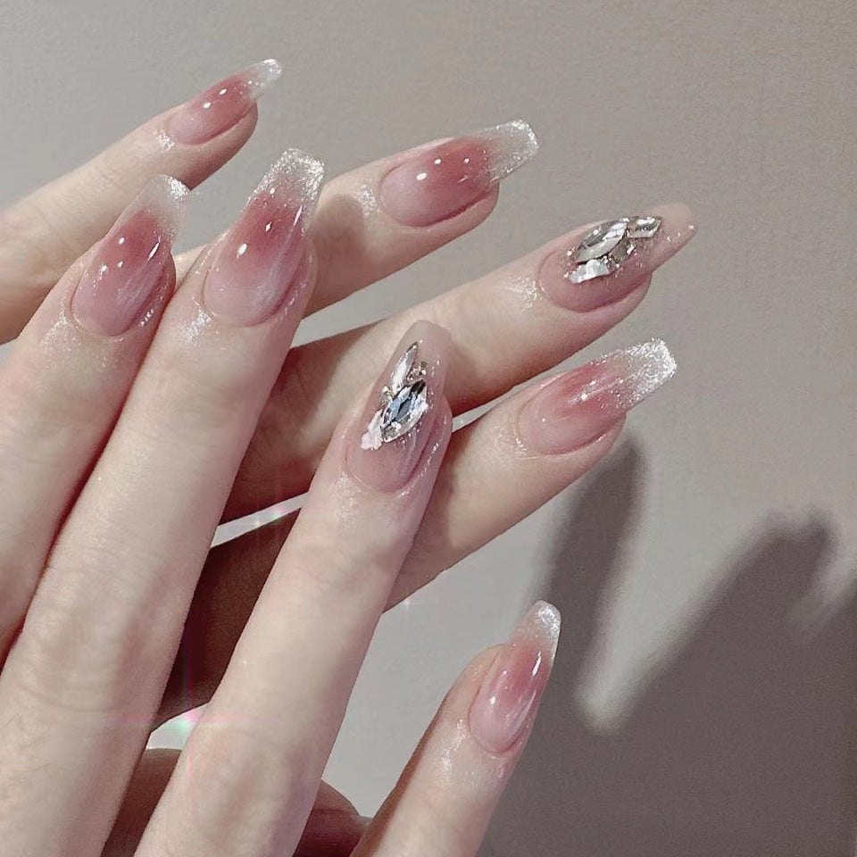 Glamorous Crystal Dream Long Coffin Pink Ombre Press On Nail Set with Rhinestone Accents