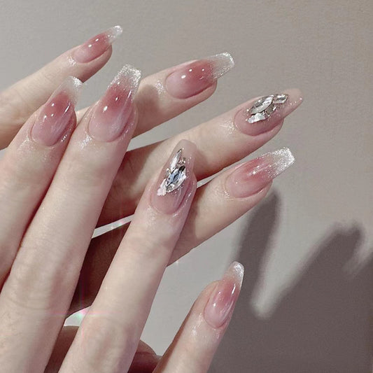Glamorous Crystal Dream Long Coffin Pink Ombre Press On Nail Set with Rhinestone Accents