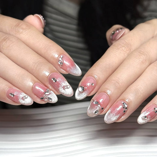Elegance Unleashed Medium Almond Pink Ombre with Glittering Studs Press On Nail Set