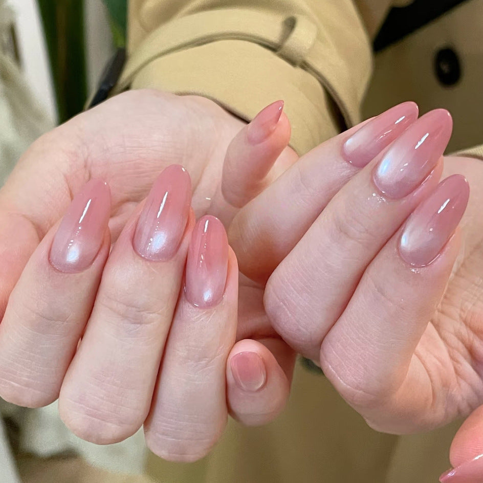 Elegant Serenity Press On Nail Set in Long Almond Shape with Soft Pink Color and Iridescent Finish
