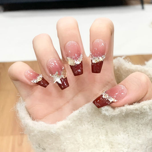 Festive Glamour Long Coffin Burgundy and Clear Glitter Press On Nail Set with Star Accent