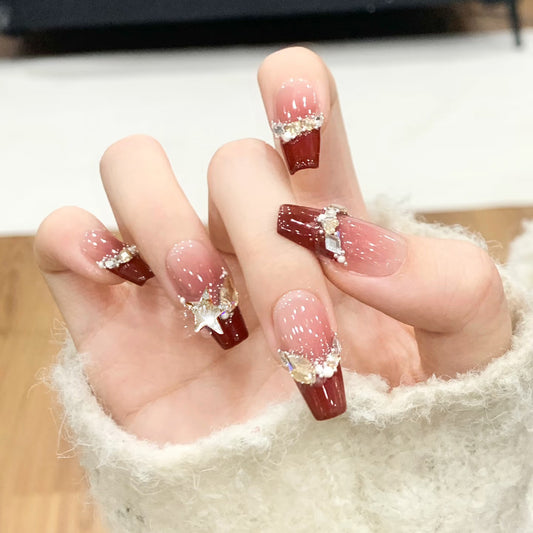 Celestial Elegance Long Coffin Burgundy Gradient with Sparkling Star Accents Press-On Nail Set