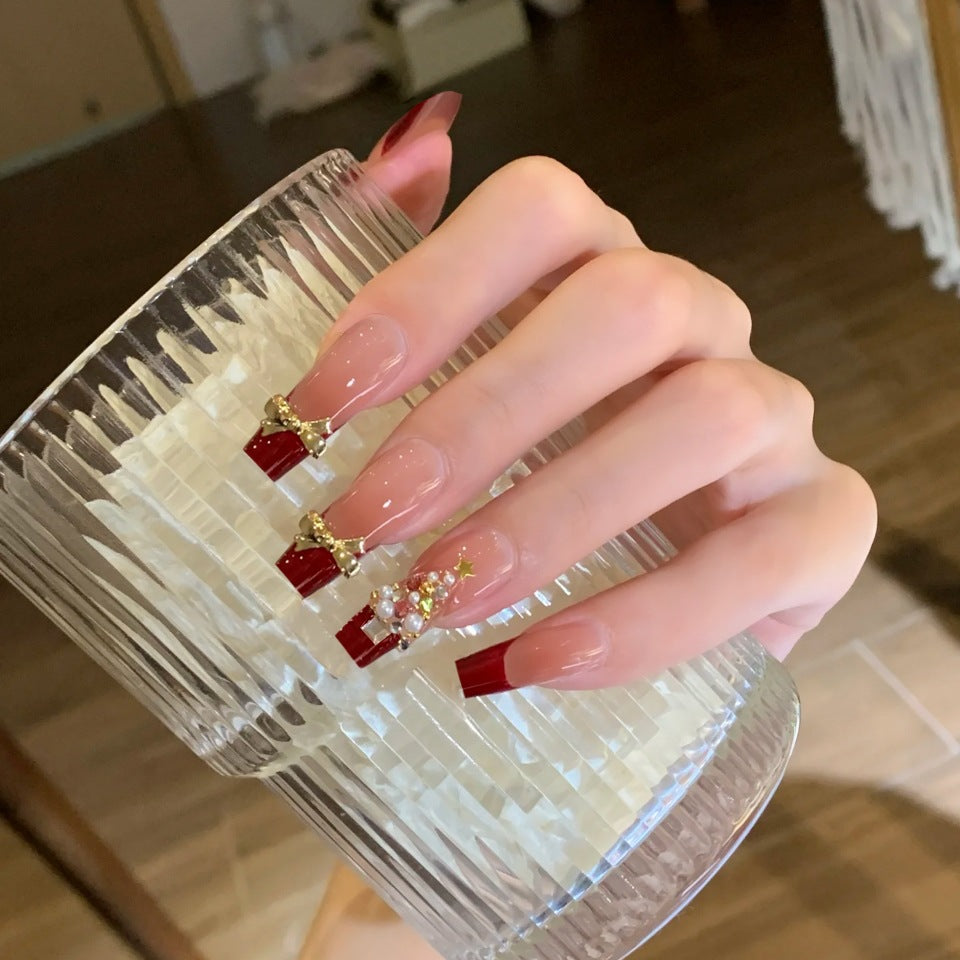 Festive Glamour Long Coffin Burgundy and Clear Press-On Nail Set with Elegant Gold Accents