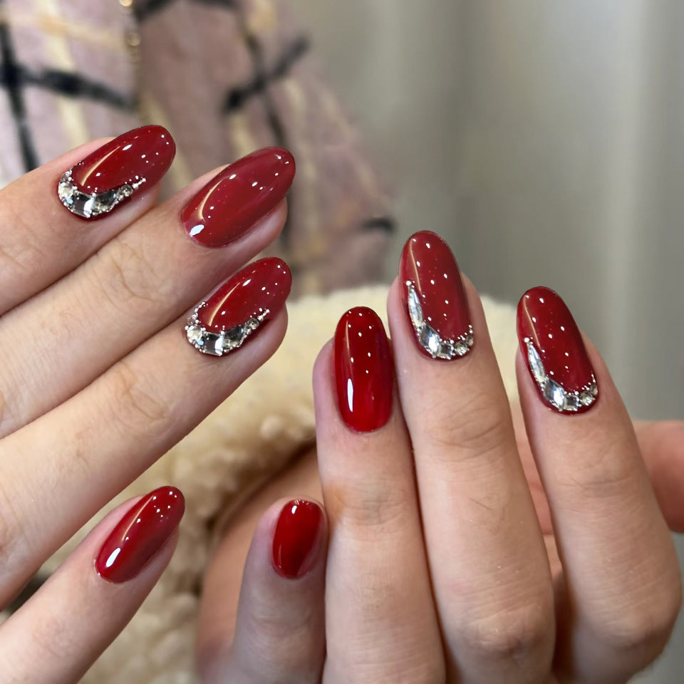 Elegant Enchantment Long Oval Glossy Red with Dazzling Crystal Accent Nail Set