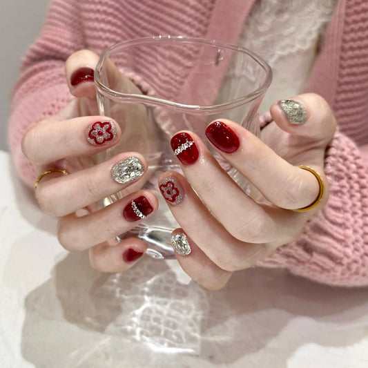 Charming Floral Dream Short Square Red and Silver Glitter with Decorative Flower Accent Press On Nail Set