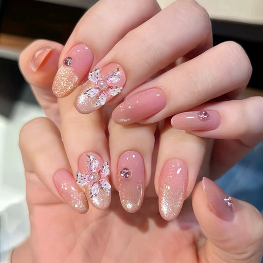 Blossom Elegance Short Oval Pink Gradient Press On Nail Set with Delicate Floral Accents