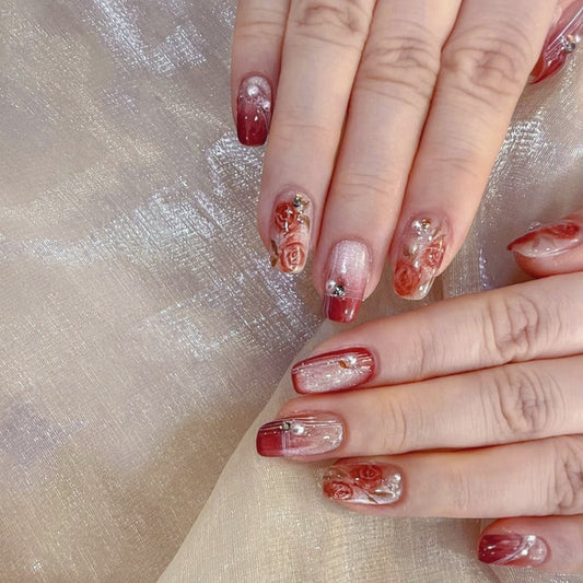 Romantic Elegance Medium Square Burgundy and Pink Floral Press-On Nail Set with Sparkling Accents