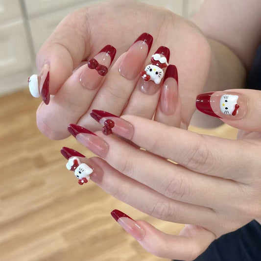 Festive Whimsical Long Coffin Shape Red and Clear with Cute Character Accents Press on Nail Set
