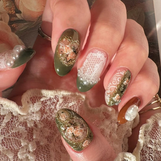 Victorian Elegance Medium Oval Green Floral and Lace Press-On Nail Set with Pearl Accents