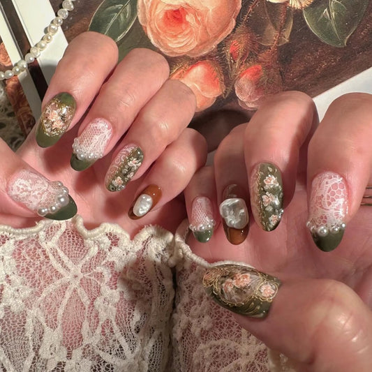 Elegant Garden Glamour Long Oval Green Floral Lace Press on Nail Set with Pearl Embellishments