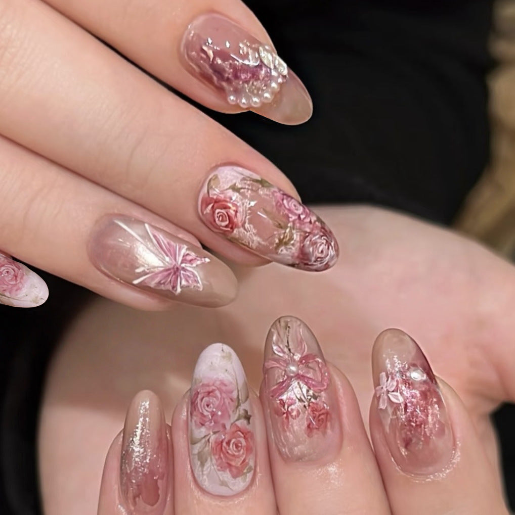 Blossoming Garden Long Oval Pink Floral Press On Nail Set with Pearl Accents