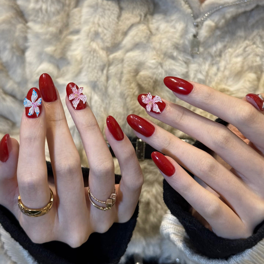 Tropical Paradise Long Oval Red Press On Nail Set with Beautiful Floral Accents