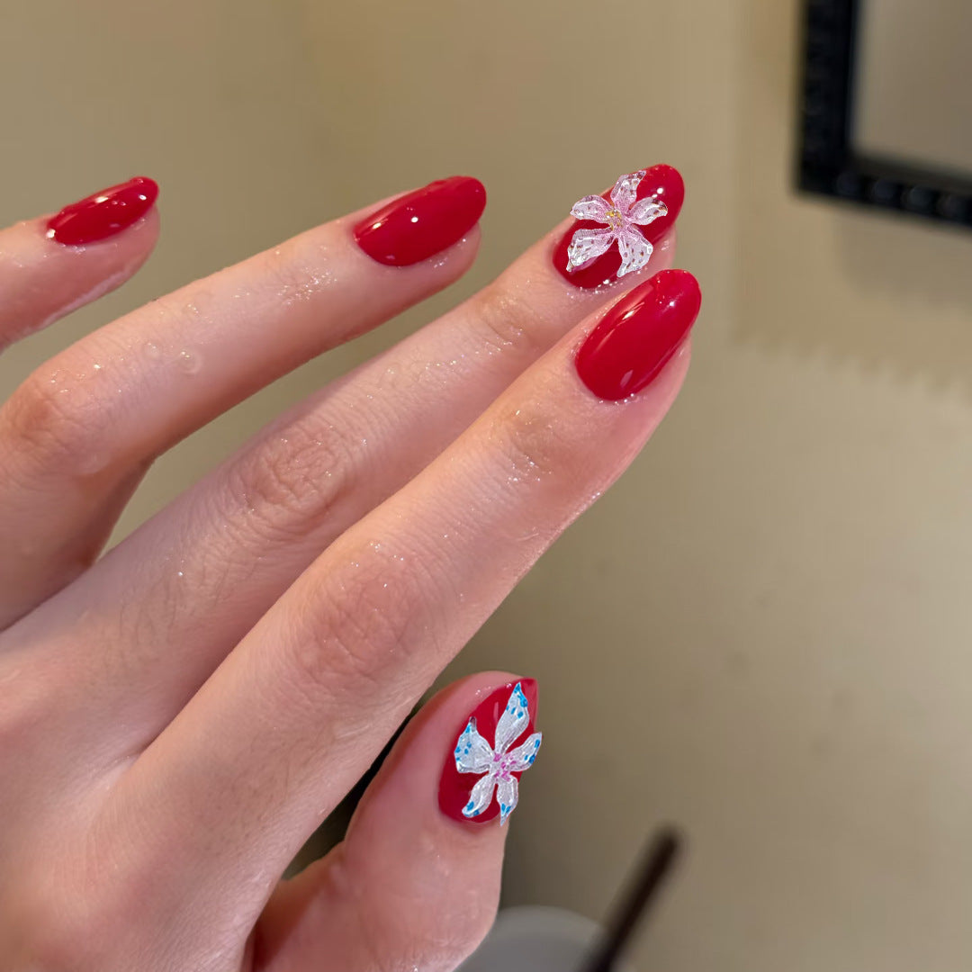Tropical Delight Long Oval Red Press On Nail Set with Floral Design