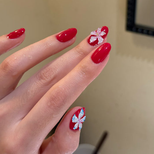 Tropical Delight Long Oval Red Press On Nail Set with Floral Design