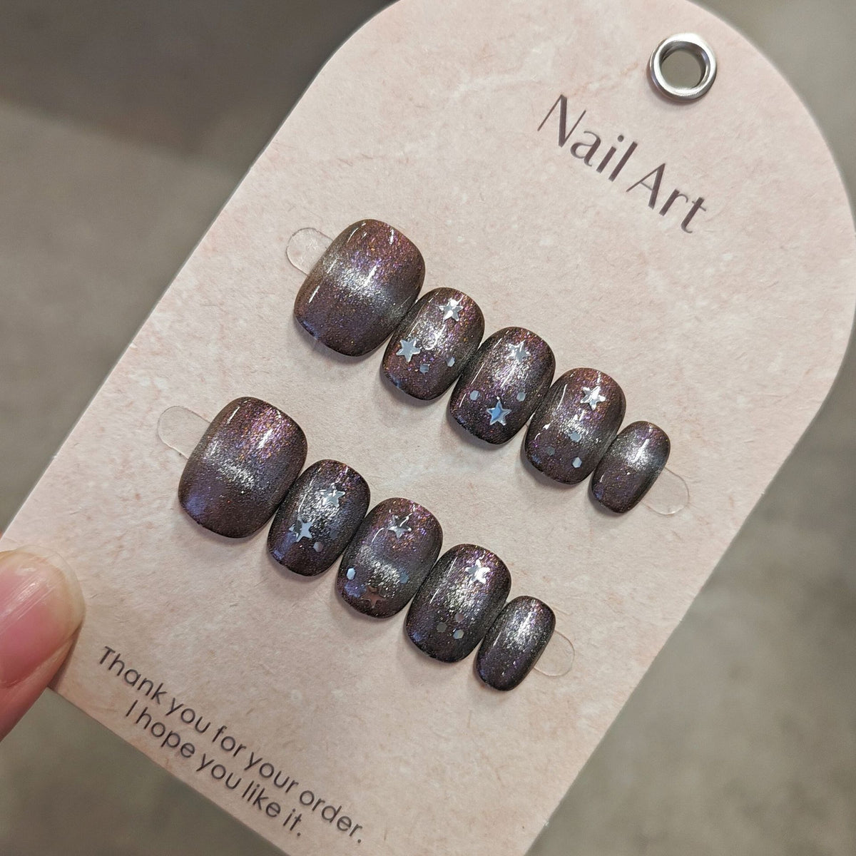 Celestial Glam Short Square Dark Shimmer with Star Accents Press On Nail Set
