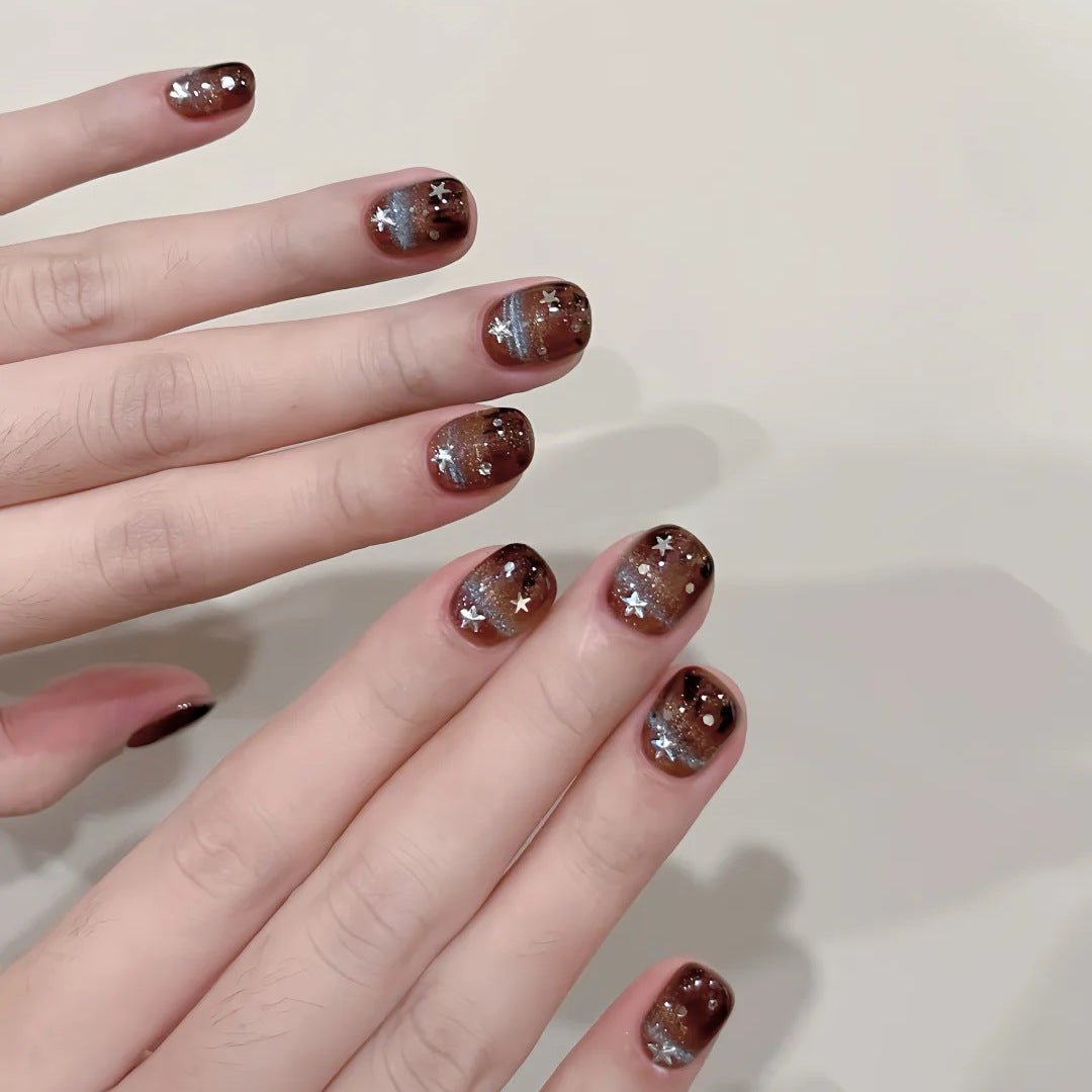 Celestial Dreams Short Square Brown Gradient with Star Accents Press On Nail Set