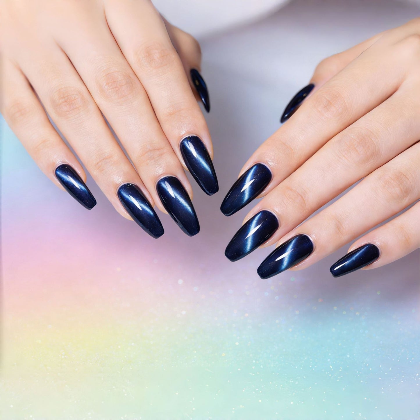 Celestial Elegance Extra Long Coffin Shaped Deep Blue Press On Nail Set with Iridescent Shine