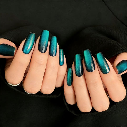 Ocean Mist Dreamy Long Coffin Shaped Blue Green Metallic Press On Nail Set