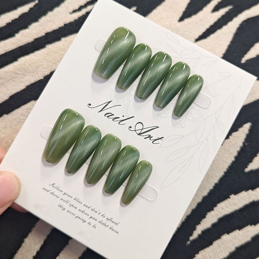 Lush Forest Inspired Long Coffin Green Gradient Press On Nail Set