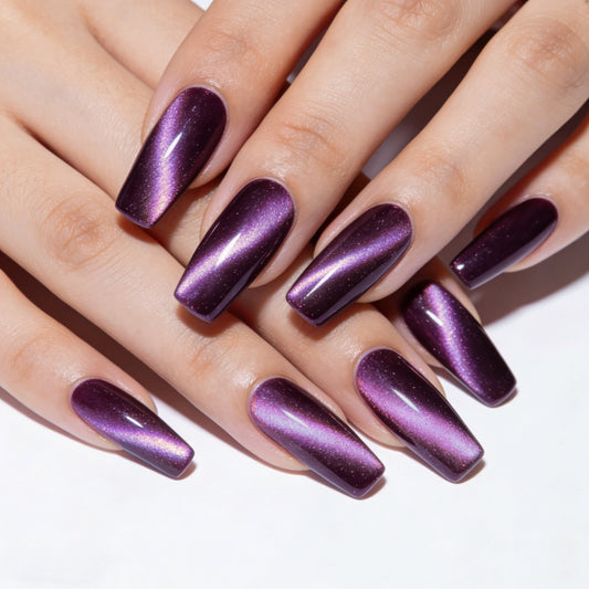Cosmic Glamour Long Coffin Shaped Deep Purple with Shimmering Finish Press On Nail Set
