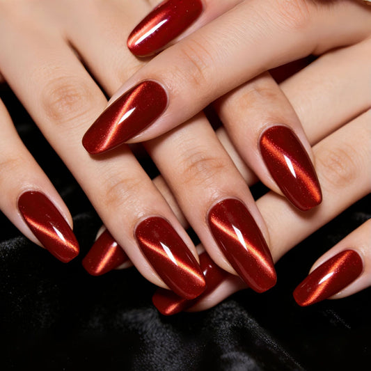 Glamorous Sunset Long Coffin Red Metallic Nail Set with Stunning Shine