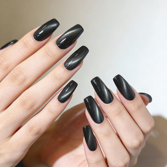 Mystical Night Long Coffin Glossy Black Press On Nail Set with Stunning Shimmering Finish