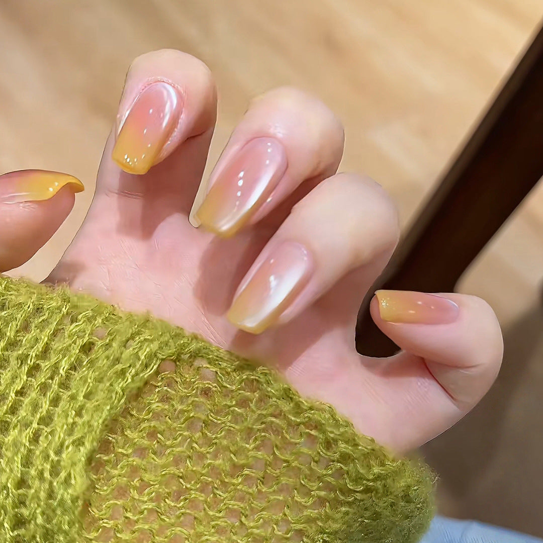 Sunny Citrus Inspired Long Coffin Ombre Orange and Yellow Gradient Press On Nail Set with Sparkling Accent