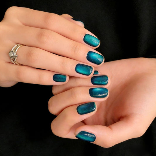 Mystical Ocean Inspired Short Square Teal Press On Nail Set with Iridescent Shine
