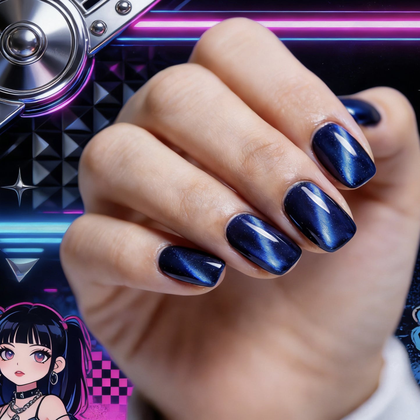 Galactic Glamour Short Square Midnight Blue Press On Nail Set with Unique Twinkling Finish