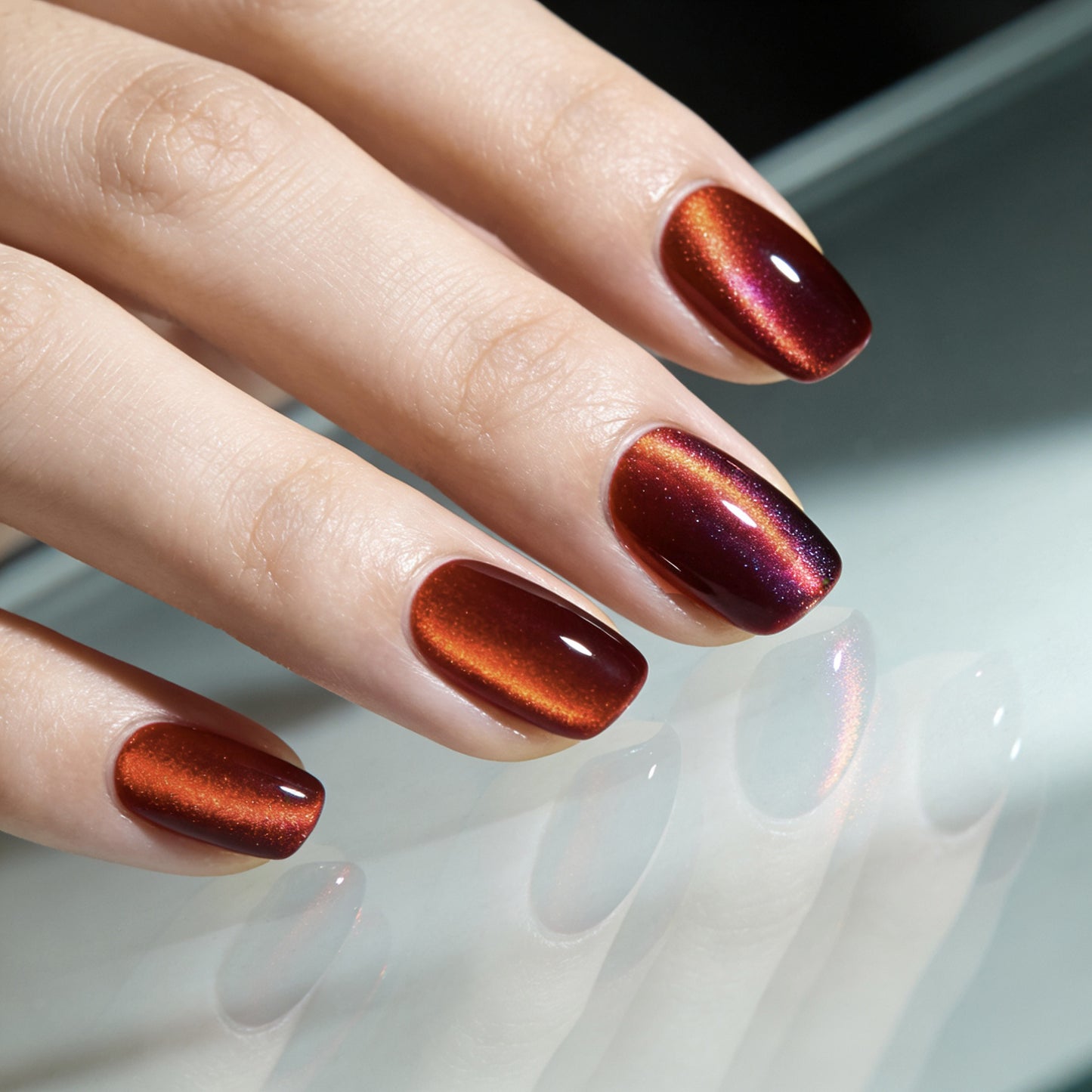 Autumn Radiance Press On Nail Set Short Square Burgundy with Iridescent Shine